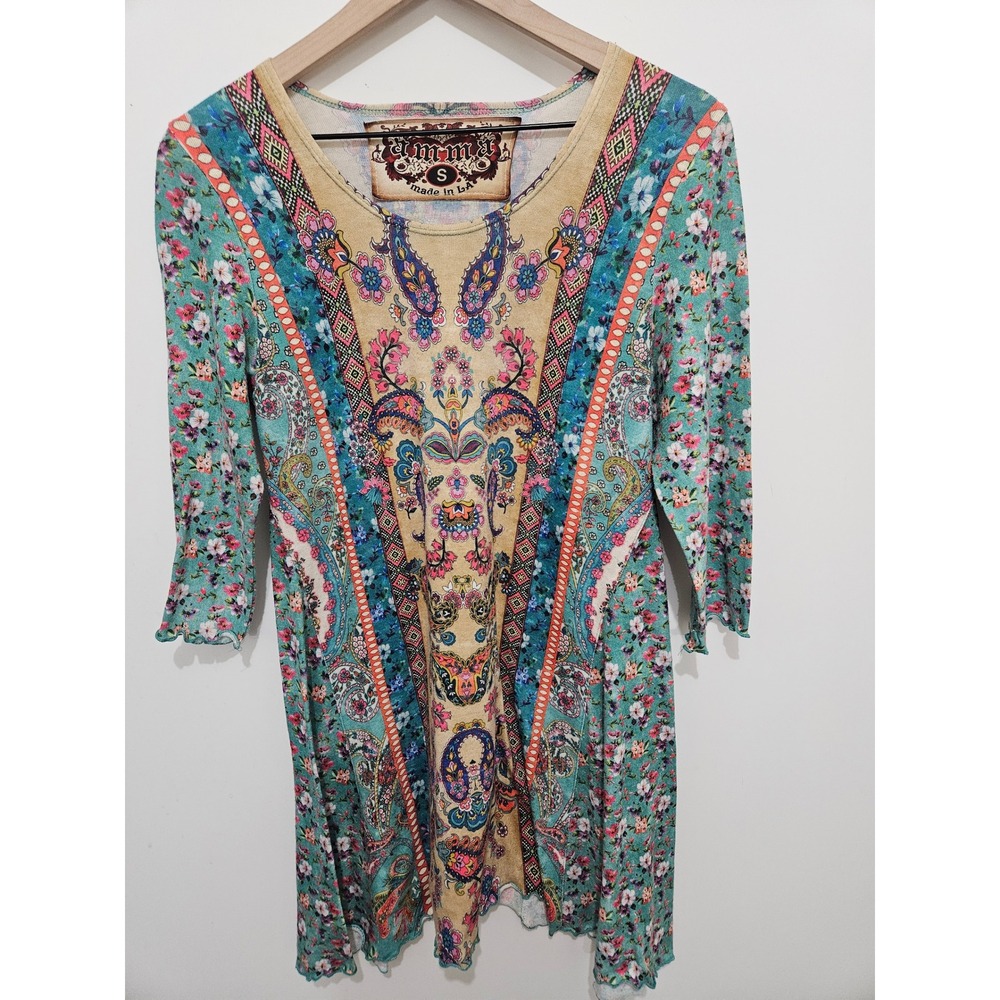 Amma Made in LA Womens Small Boho Paisley Floral Knit Tunic Top 3/4 Sleeve Multi